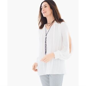 New Chicos Accordion Pleated Open Split Neck Puff Poet Sleeve A Line Blouse